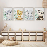 Baby animal nursery wall art prints featuring soft safari animals and eucalyptus leaves
