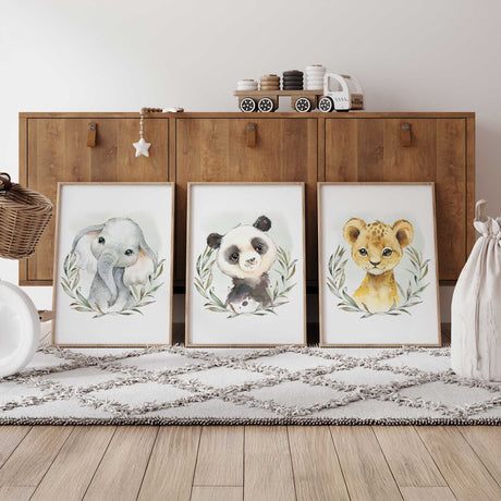 Baby animal wall art set with panda, lion and elephant prints for neutral nursery