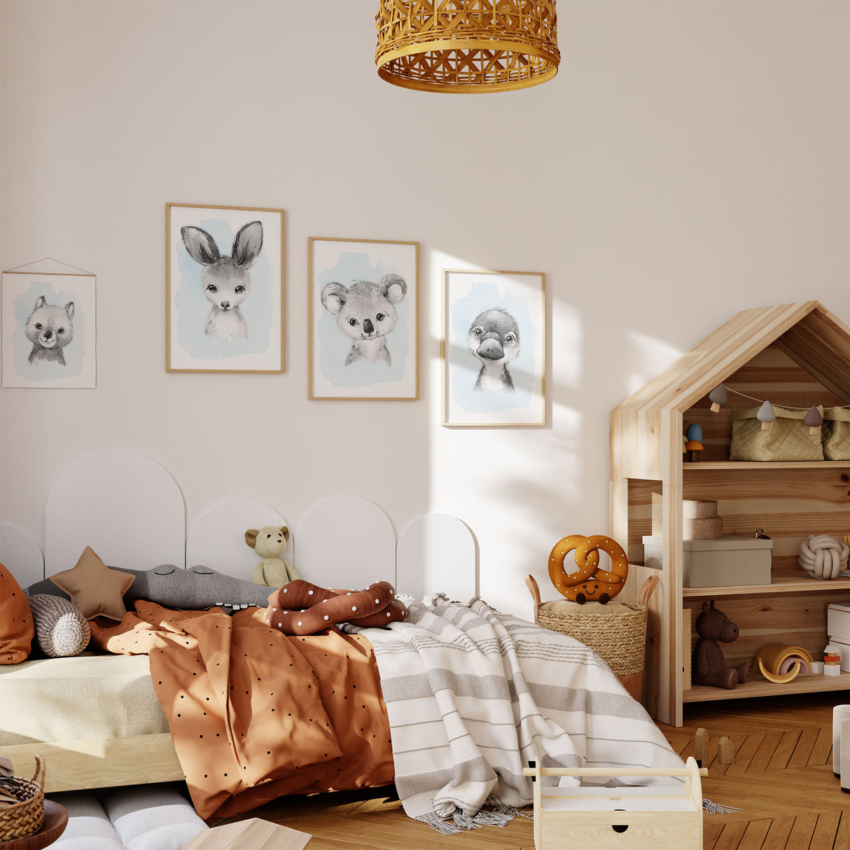 baby animal portrait kids wall art set in soft watercolour tones