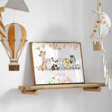 Baby animal artwork for girls room personalised with name under giraffe hippo panda elephant lion and zebra with pink flowers