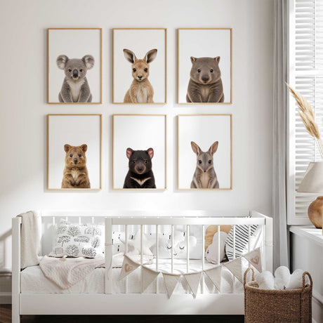 Baby Australian animal prints for nursery decor in soft neutral tones