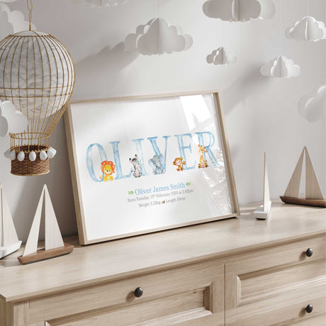 Baby birth details wall art featuring personalised name and jungle animals