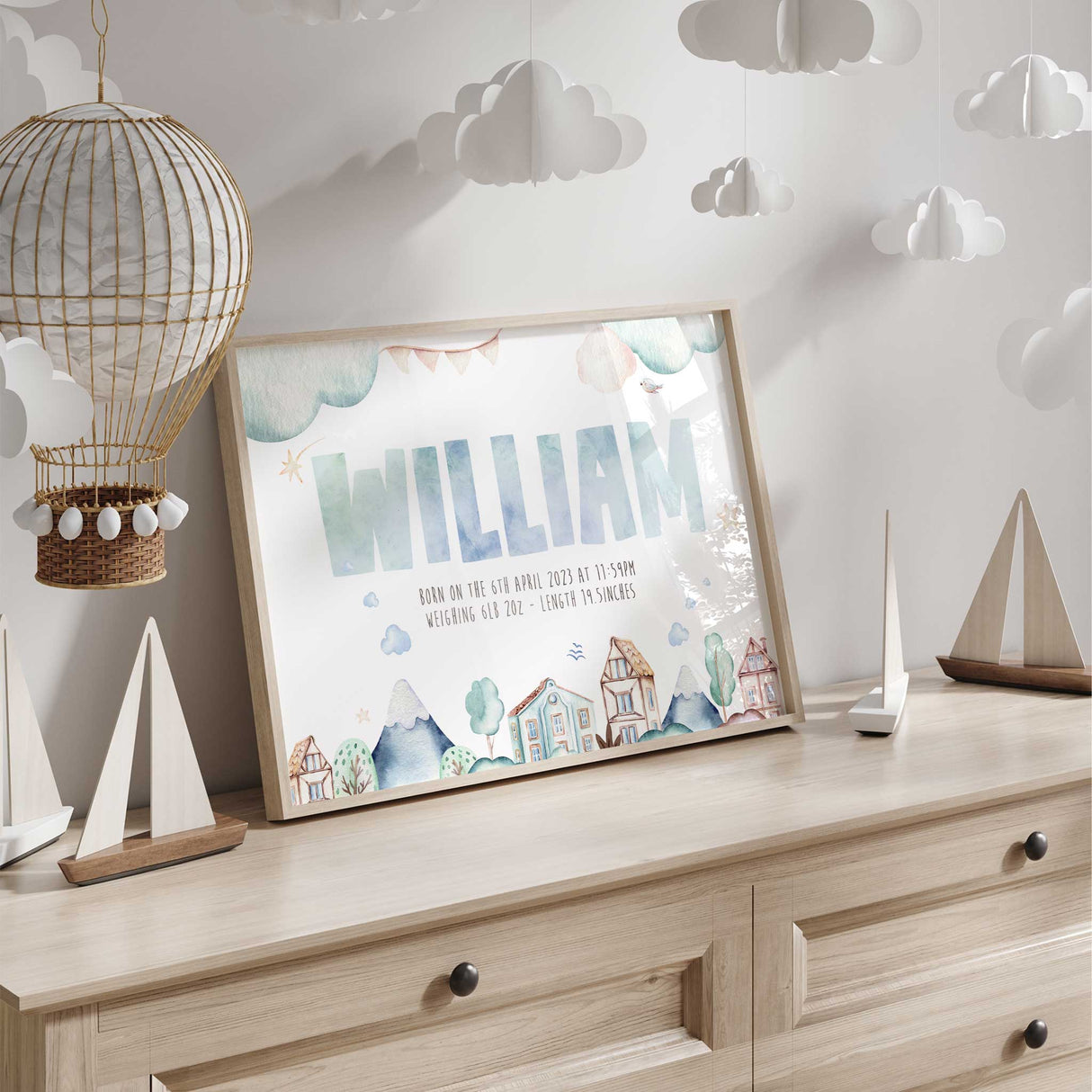 Baby birth details wall art personalised with name date time weight and length for a soft blue boys nursery