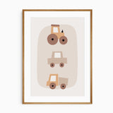 Nursery print featuring a tractor, car, and truck in a minimalist design against a plain background.