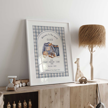 Baby boy birth details print personalised with a name, date, time, weight and length in a vintage blue gingham design