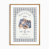 Personalised baby boy birth print with vintage outfit illustration and gingham background