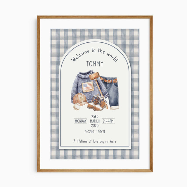 Personalised baby boy birth print with vintage outfit illustration and gingham background