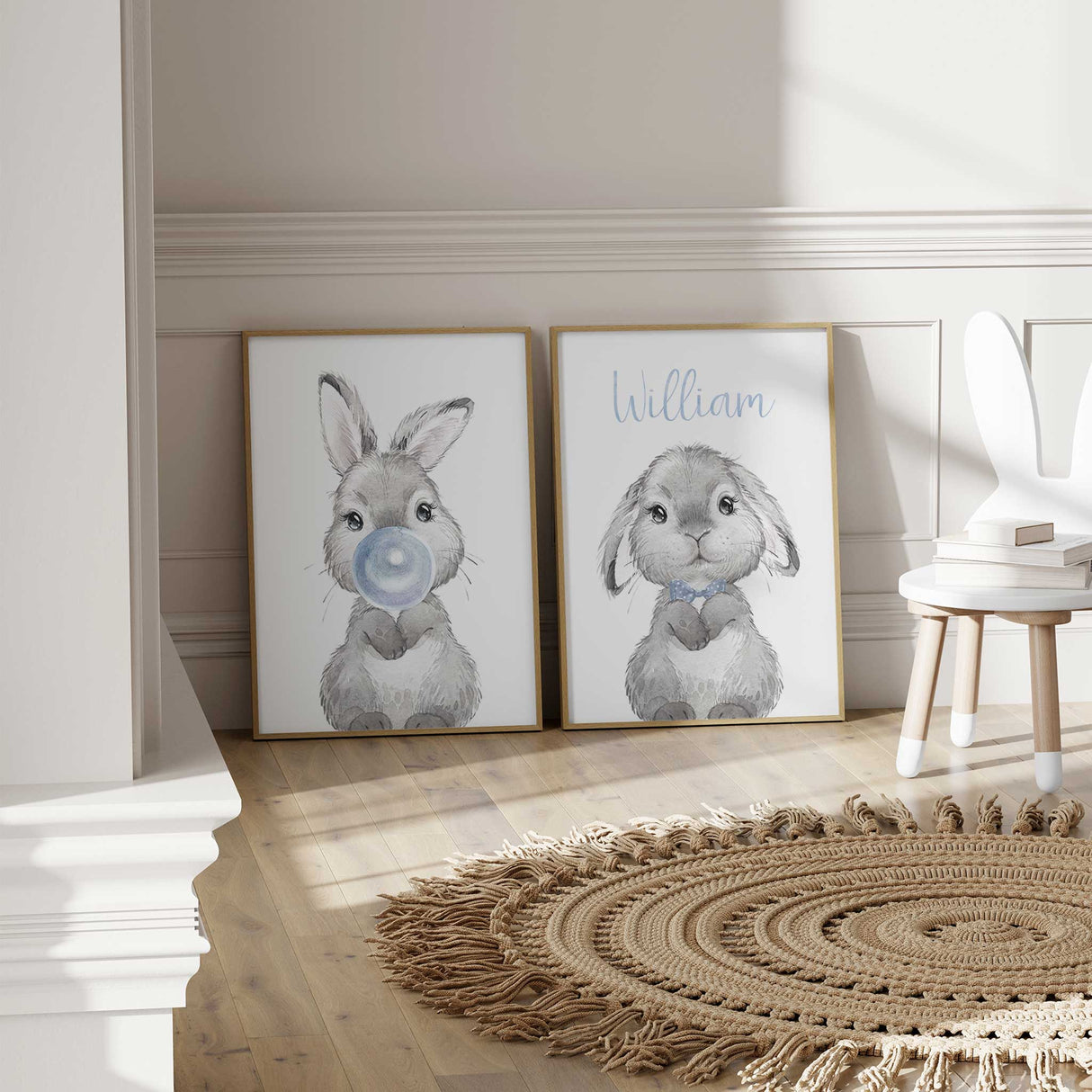 soft blue bunny wall decor prints for baby boy nursery