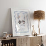Baby boy birth print featuring a blue initial, name, a vintage toy car, balloons and a blue checked border.