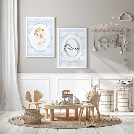 Baby boy nursery decor featuring watercolour goose illustration and personalised name print