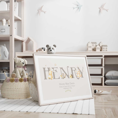 Baby boy woodland decor print with personalised name and soft pastel animals
