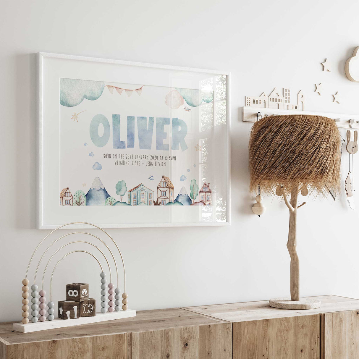 Personalised baby boy nursery birth print with name birth date time weight and length in a soft blue watercolour design