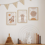 Whimsical Boho Space Bear nursery prints, adding a playful touch to any toddler's room.