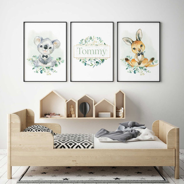 Baby boy nursery wall art featuring koala and kangaroo watercolour animals