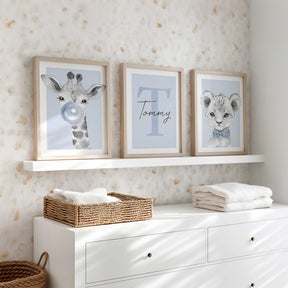 baby boy safari animal nursery prints featuring giraffe bubble lion and personalised initial