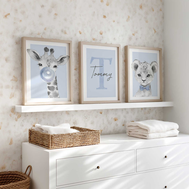 baby boy safari animal nursery prints featuring giraffe bubble lion and personalised initial