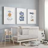 Baby boy space nursery prints featuring rockets, planets and stars