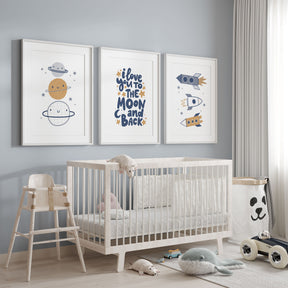 Baby boy space nursery prints featuring rockets, planets and stars