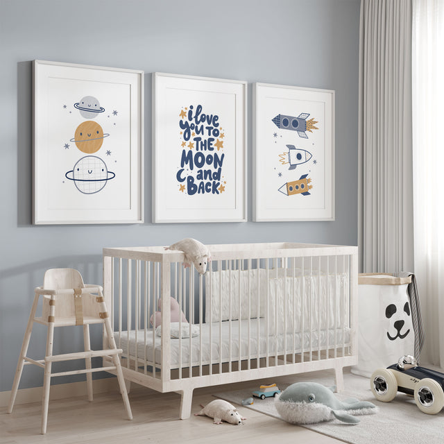 Baby boy space nursery prints featuring rockets, planets and stars