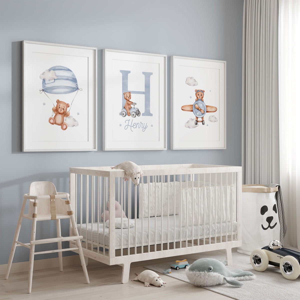 Blue teddy bear nursery prints with a parachute bear, personalised initial and name, and bear flying a plane.