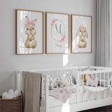 Baby bunny illustration with pink flowers for nursery walls