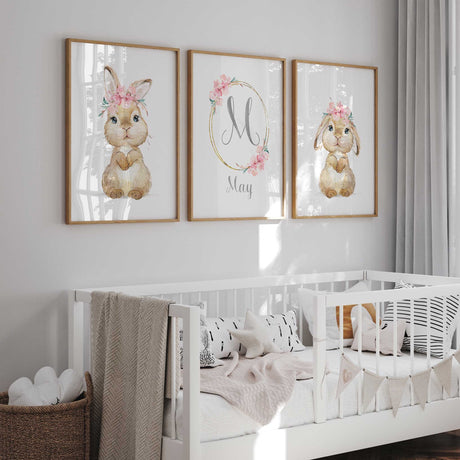 Baby bunny illustration with pink flowers for nursery walls