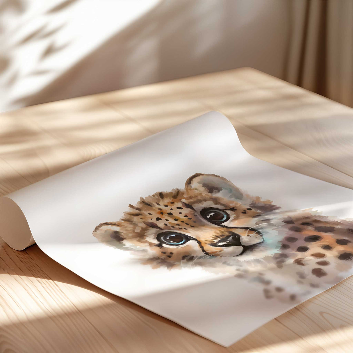 Watercolour baby cheetah print with soft neutral tones, perfect for kids’ nursery or safari animal wall art décor.