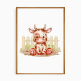Baby cow wall art print in soft watercolor tones, perfect for farmhouse nursery, kids bedroom, or country themed playroom decor.