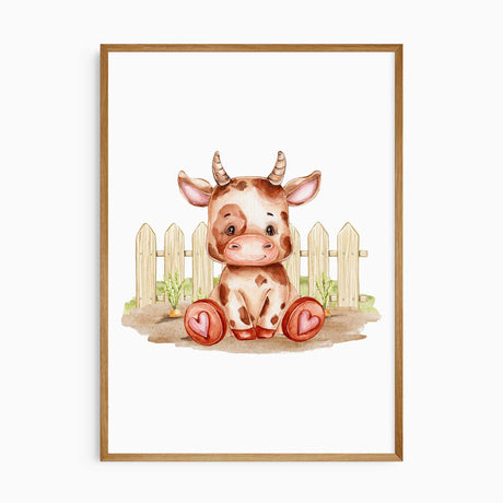 Baby cow wall art print in soft watercolor tones, perfect for farmhouse nursery, kids bedroom, or country themed playroom decor.