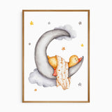 Baby duck sleeping on crescent moon with blanket nursery wall art print.