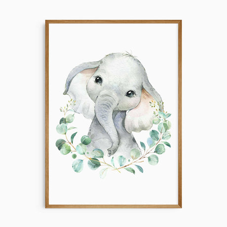 baby elephant wall art with eucalyptus leaves for nursery decor