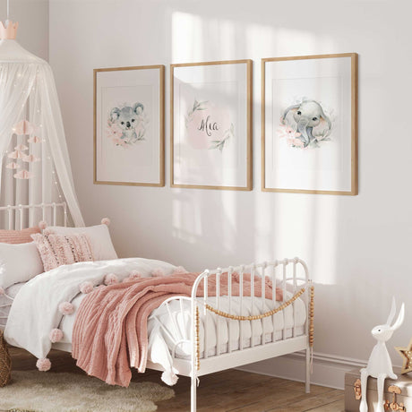 Baby elephant and koala wall art set with floral nursery style