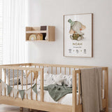 Baby elephant birth details print with green patterned hat and overalls, personalised name, date, time, length and weight