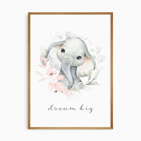 Baby elephant nursery quote wall art set with be happy, dream big and be brave prints