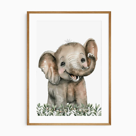 Watercolour baby elephant with a raised trunk, pink cheeks and green leafy foliage on a light background.