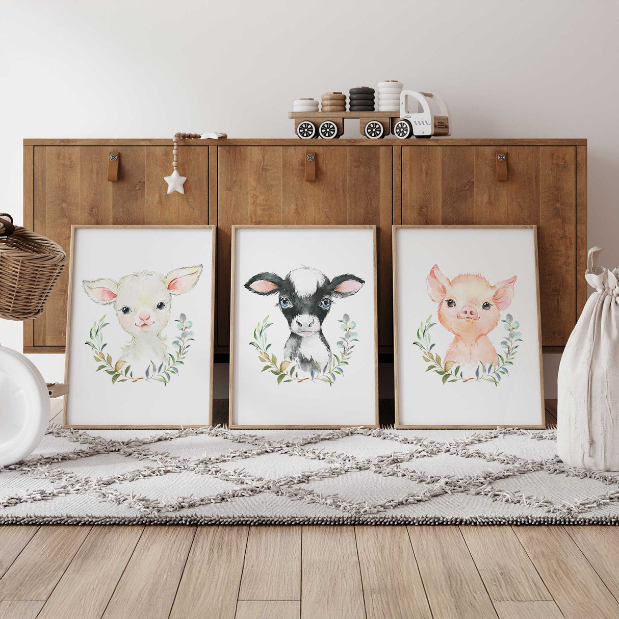 Baby farm animal nursery prints set with lamb piglet and calf illustrations