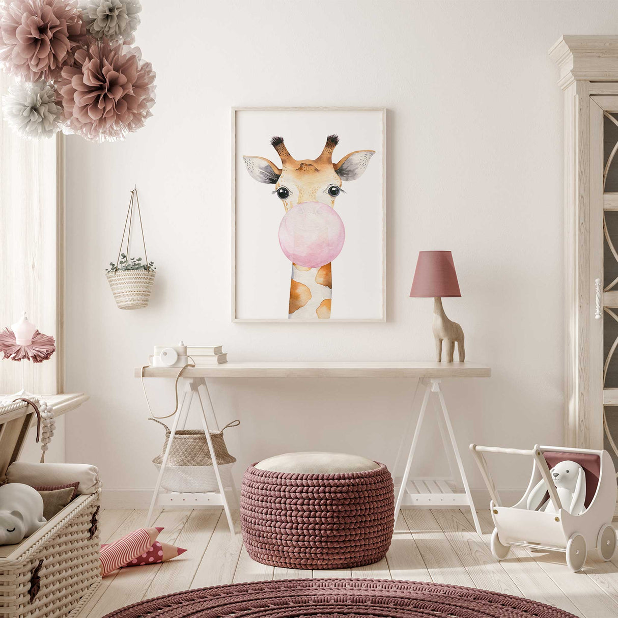 Baby giraffe nursery print with a cute playful pink bubblegum detail designed for calm safari themed nurseries