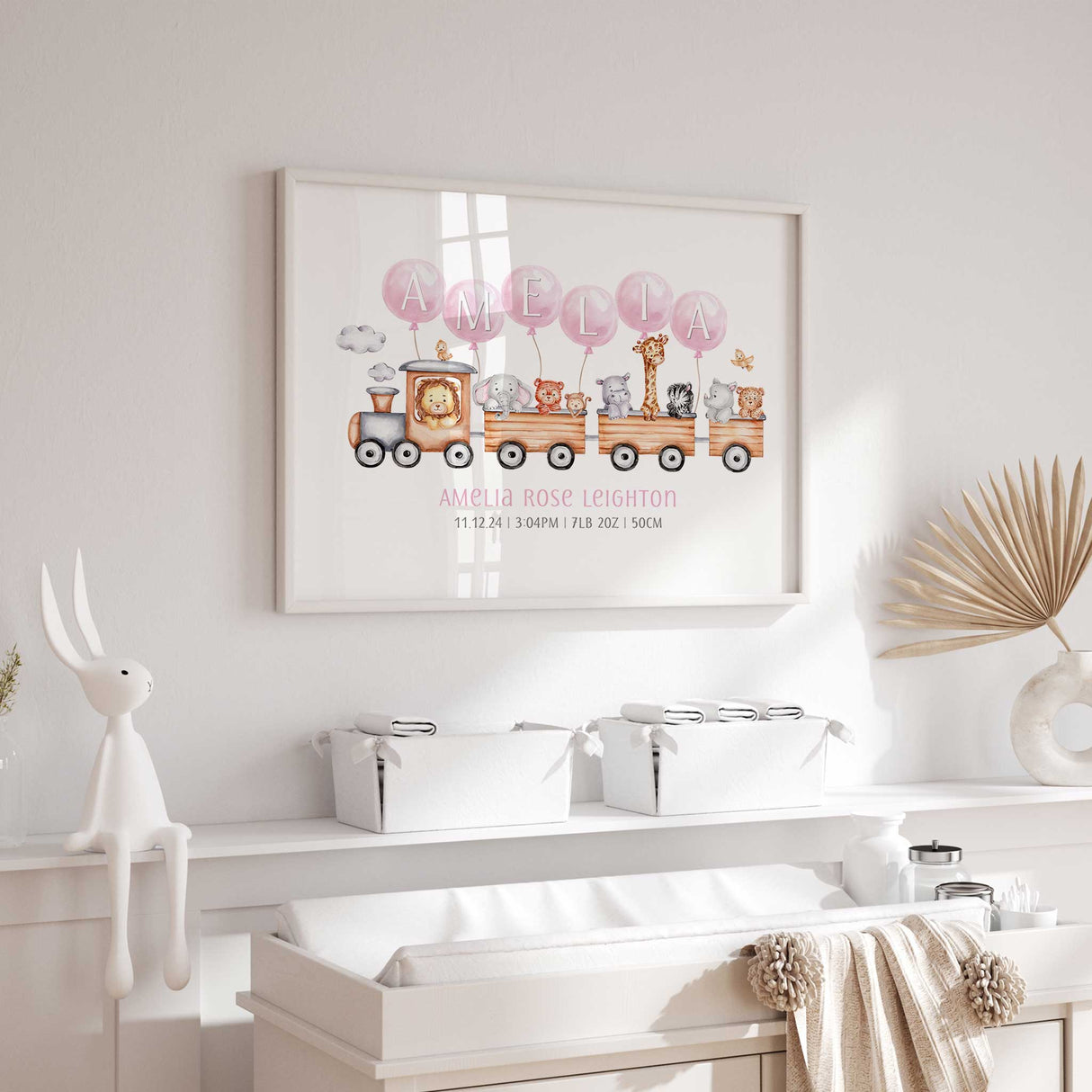 Custom birth print of a train with a lion, elephant, monkey, tiger, hippo, giraffe, zebra, rhino, and leopard