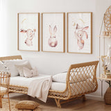 Baby girl bunny nursery prints set with soft watercolour rabbits amongst stars