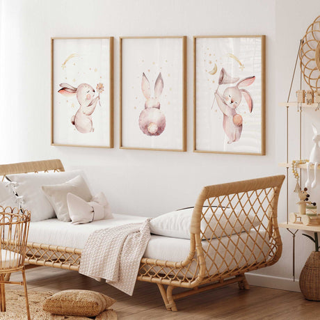 Baby girl bunny nursery prints set with soft watercolour rabbits amongst stars