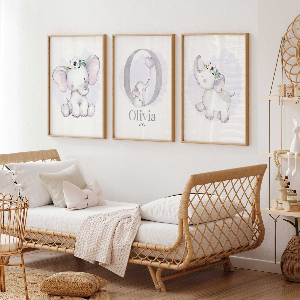 Baby girl elephant name print set with soft lilac nursery wall art