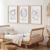 Baby girl elephant name print set with soft lilac nursery wall art