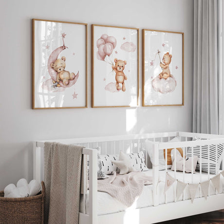 Baby girl room artwork with teddy bears, clouds, and stars