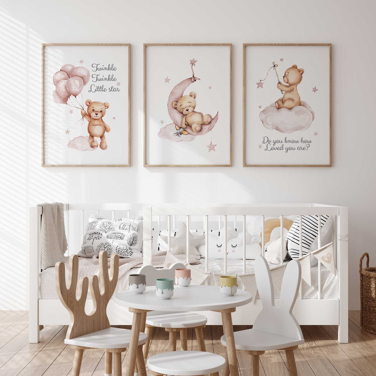 Baby girl Twinkle Twinkle Little Star wall art set with teddy bears and pink stars.