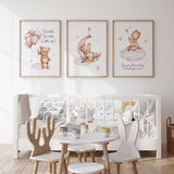 Baby girl Twinkle Twinkle Little Star wall art set with teddy bears and pink stars.