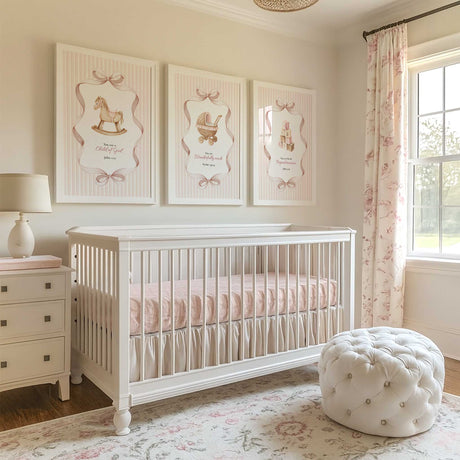 Pink baby girl nursery wall art featuring a rocking horse, vintage pram and alphabet blocks with Scripture