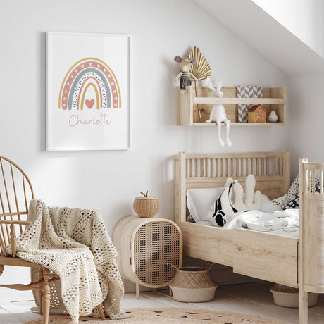 Baby girl nursery rainbow decor in soft blush and mustard tones