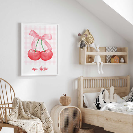 Cherry wall art print with pink bow for baby girl bedroom or nursery