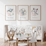 Baby girl safari animal nursery wall art set with hippo, elephant and rhino prints