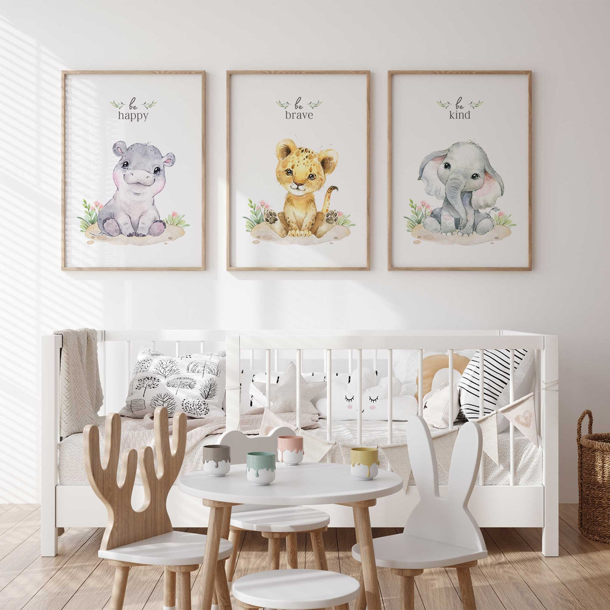 Baby girl safari wall art set with soft pink florals and watercolour animals